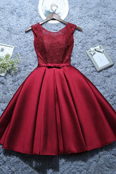 Burgundy Short Satin Lace A-Line Evening Homecoming Dress